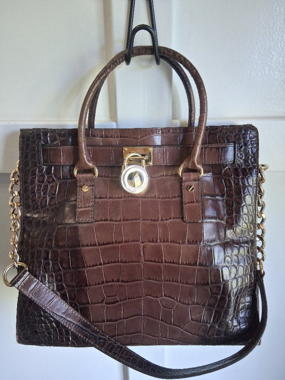 Michael Kors Hamilton Large Brown Croc Embossed Leather Satchel Gold Hardware